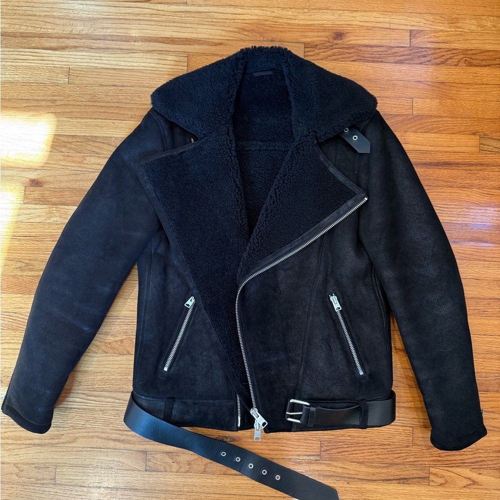 All Saints Black Moto Jacket with Asymmetrical Collar